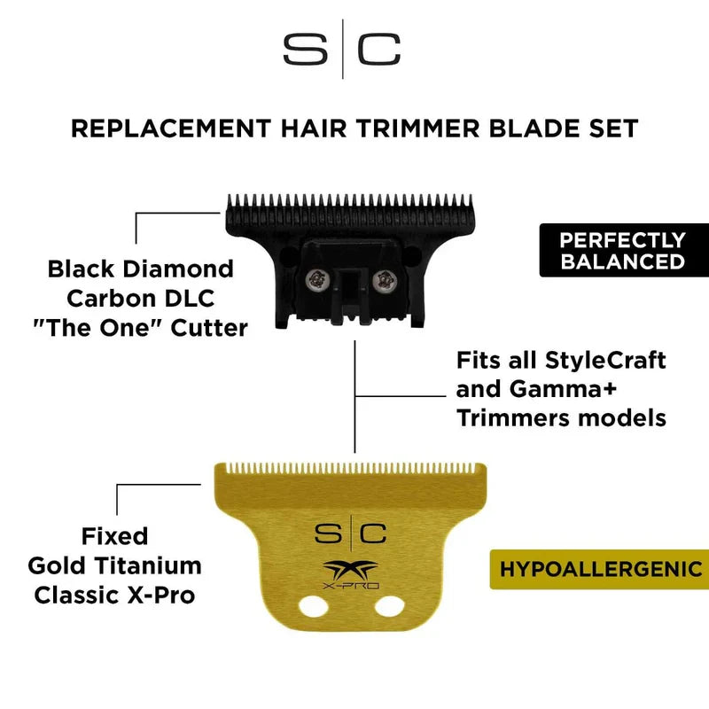 Replacement Fixed Gold Titanium Classic X-Pro Hair Trimmer Blade with Black Diamond Carbon DLC THE ONE Cutter Set