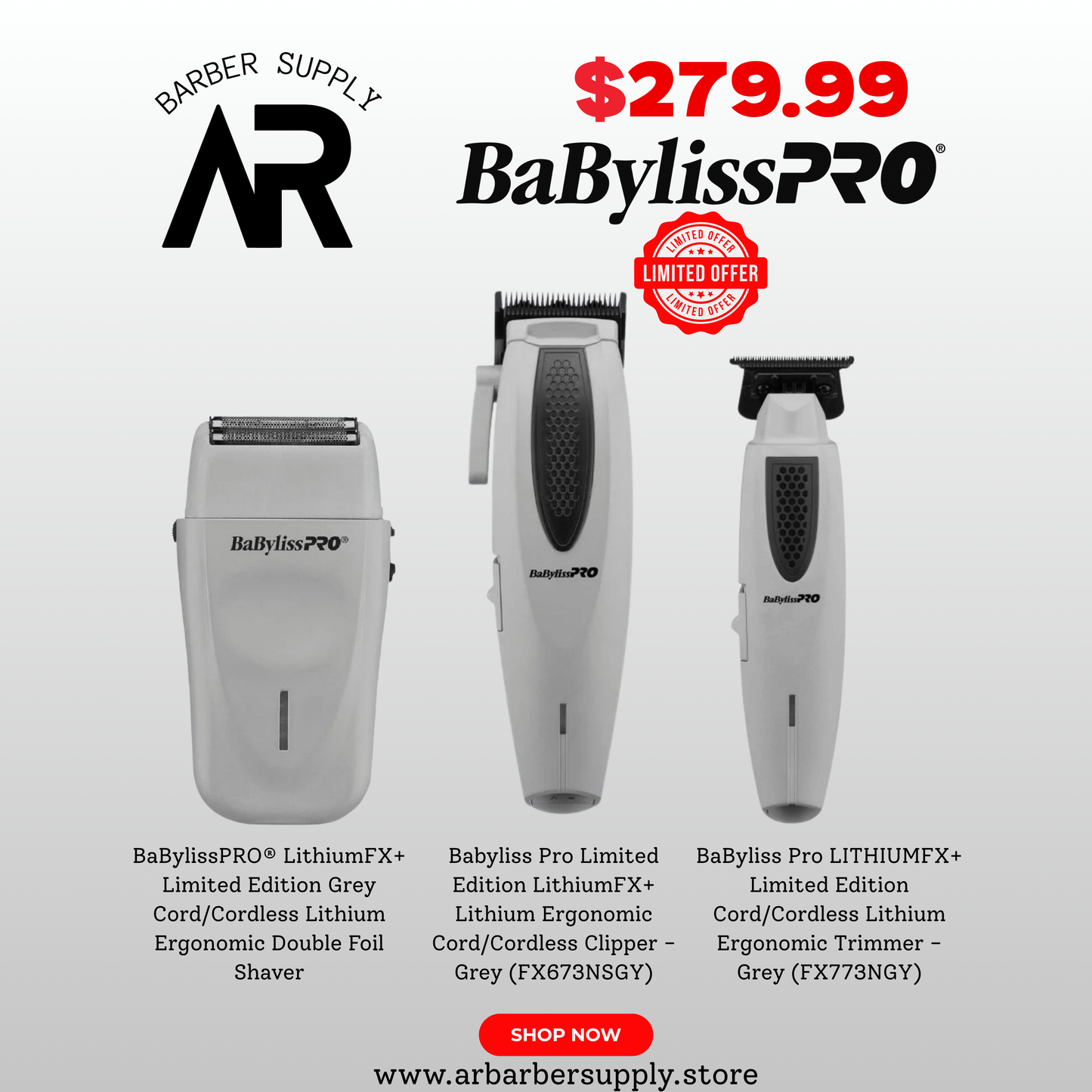 Mega Deal - BaBylissPRO® Limited Edition Grey LithiumFX+ Complete Bundle – Clipper, Trimmer & Shaver (Value of $480 for only 279.99!)