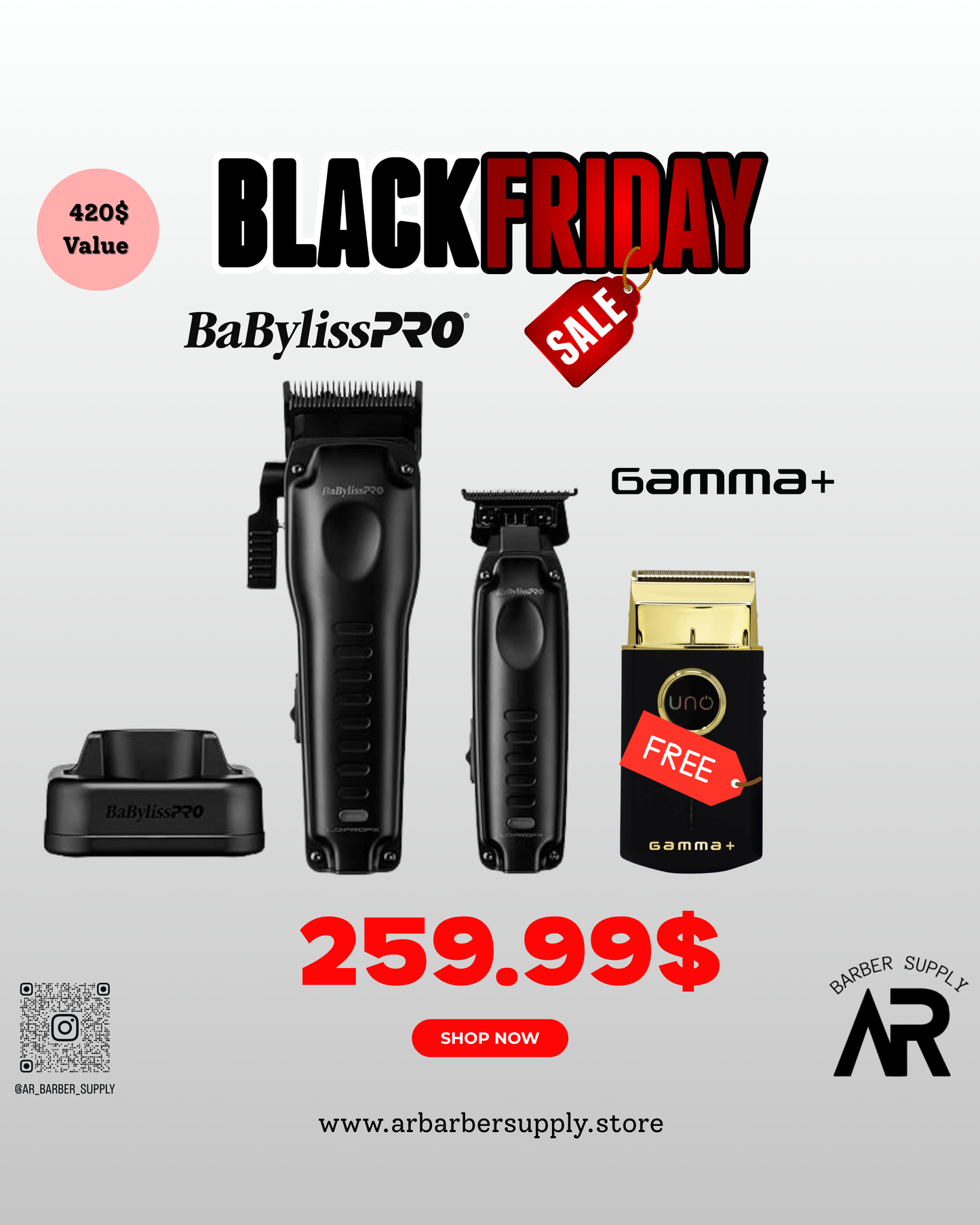BaBylissPRO® Compact Black FX810B Clipper + FX825B Trimmer + FOILFX02 Shaver (FREE Gamma+ Uno)
