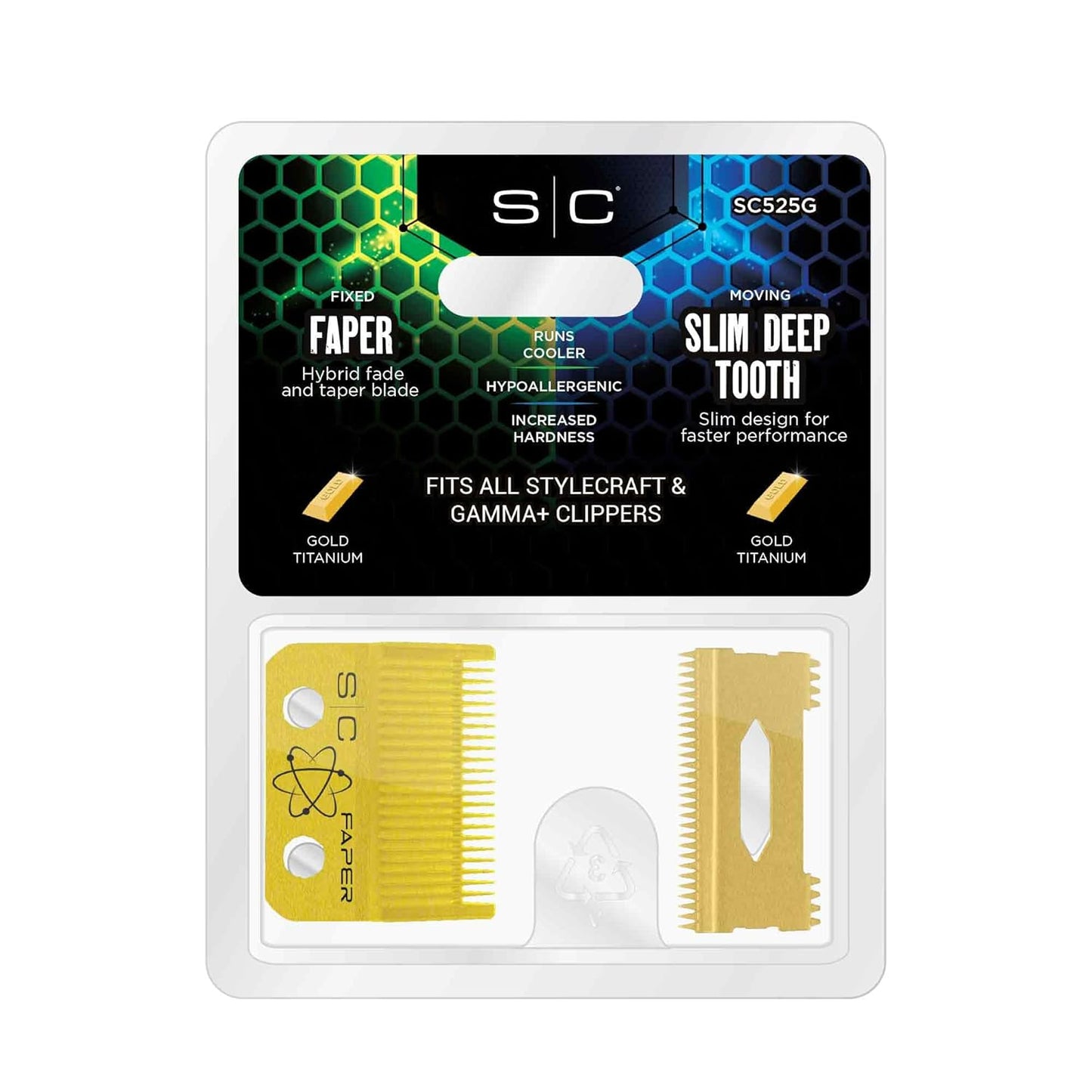 StyleCraft Replacement Fixed Gold Titanium Faper Hair Clipper Blade with Moving Slim Deep Cutter Set