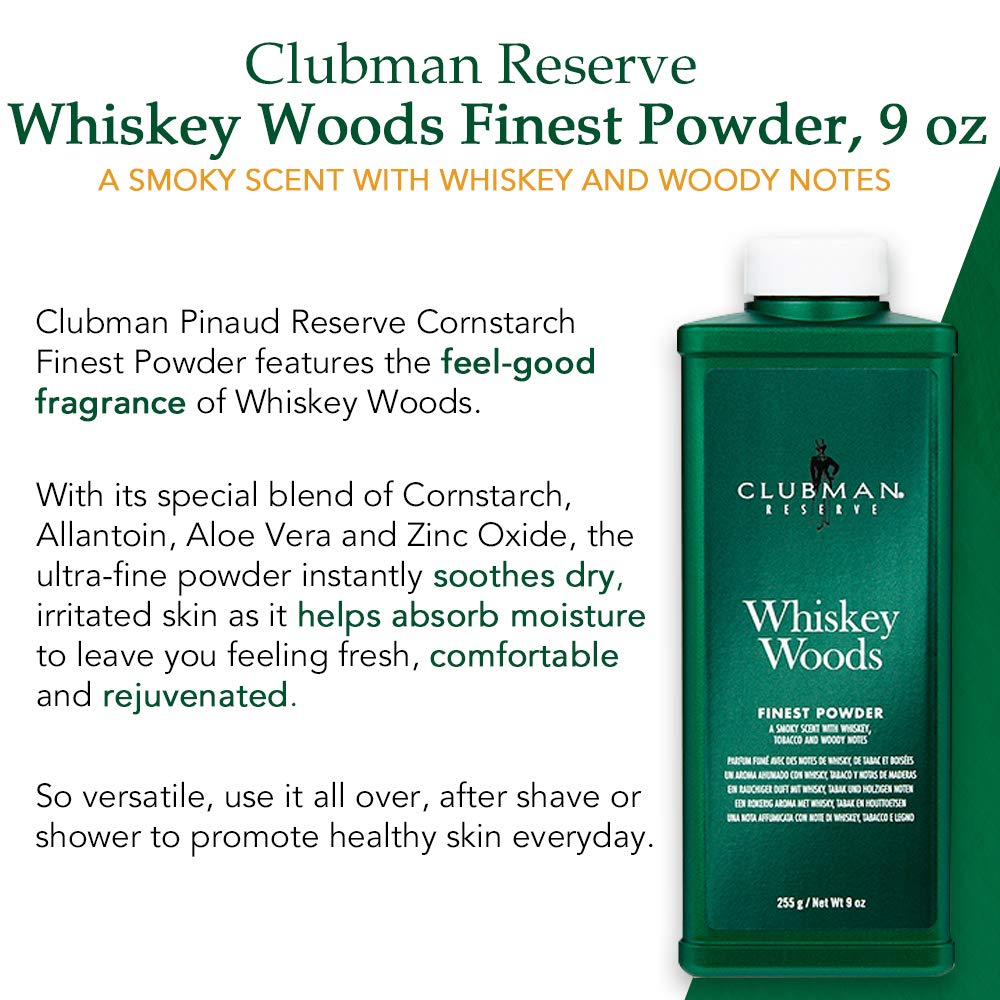 Clubman Reserve Whiskey Woods Cornstarch Powder, Post-Shave Grooming for Men (9 oz)