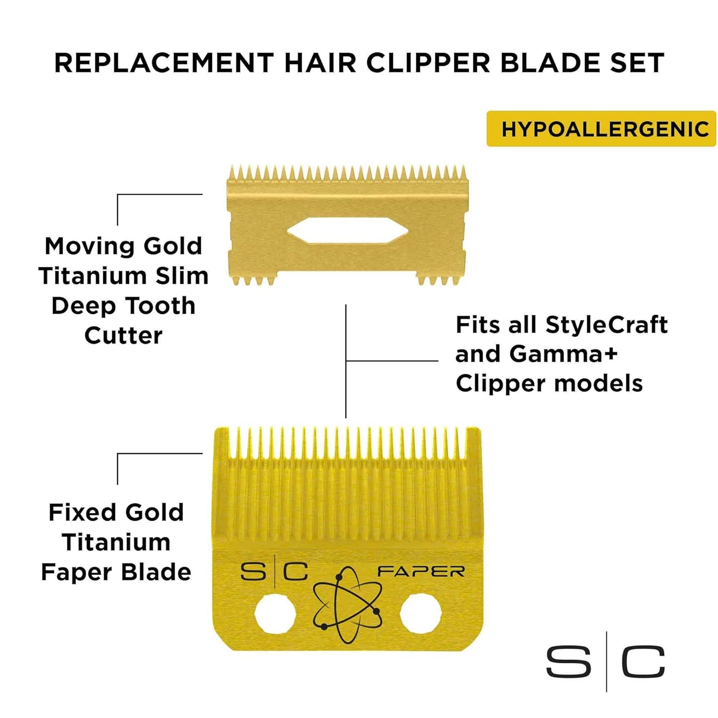 StyleCraft Replacement Fixed Gold Titanium Faper Hair Clipper Blade with Moving Slim Deep Cutter Set