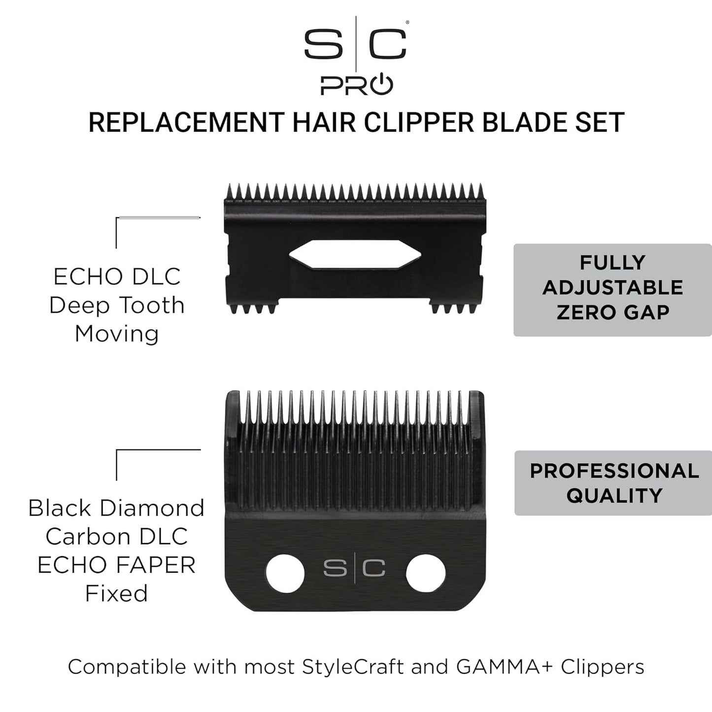 Replacement ECHO Faper Fixed Black Diamond Carbon DLC Hair Clipper Blade with Shallow Tooth 2.0 Cutter Set