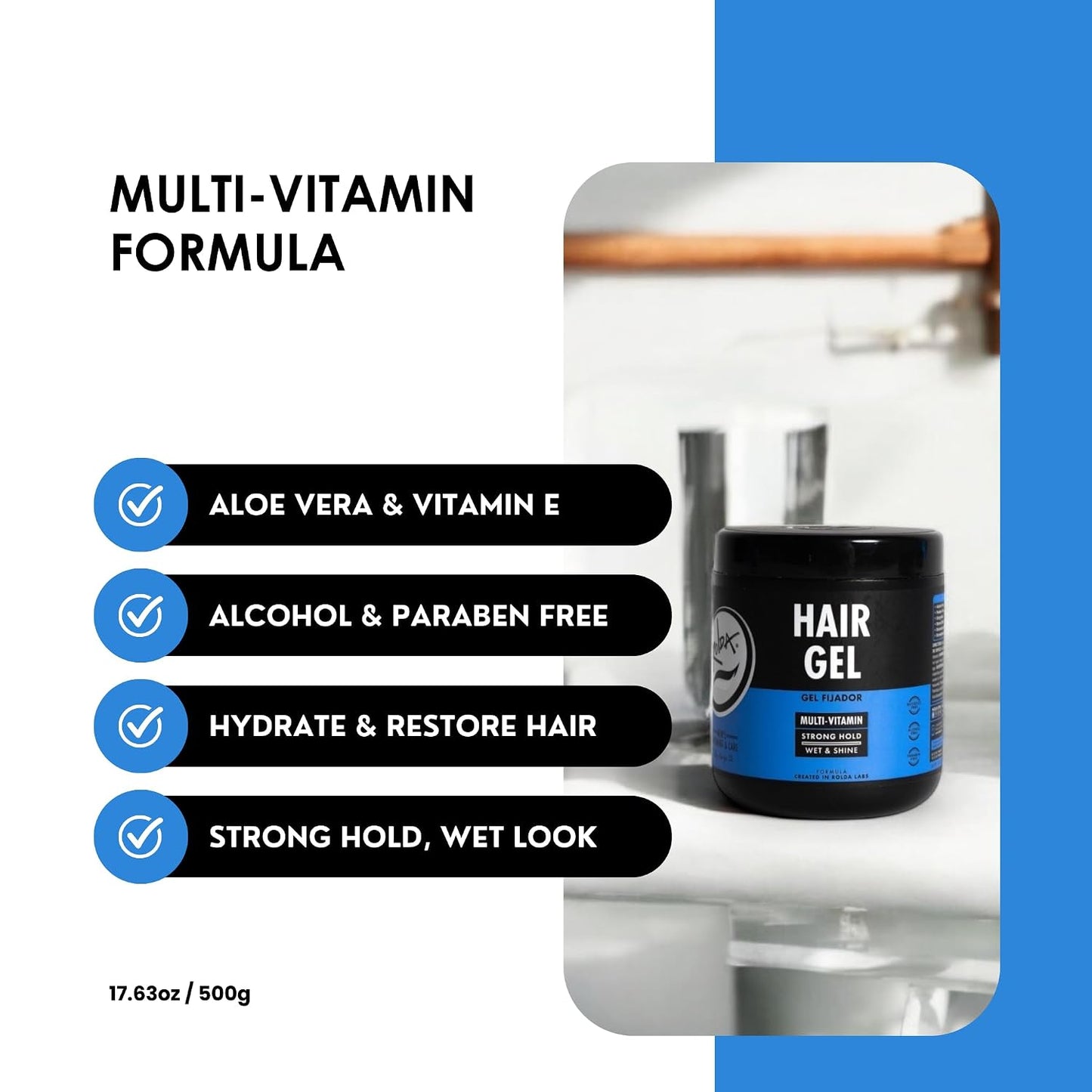 Rolda - Multi-Vitamin Men's Hair Styling Gel | Vitamin E Capsules, Medium Hold, High Shine, Wet Look, Alcohol-free, Paraben-Free, Flake-free 500G