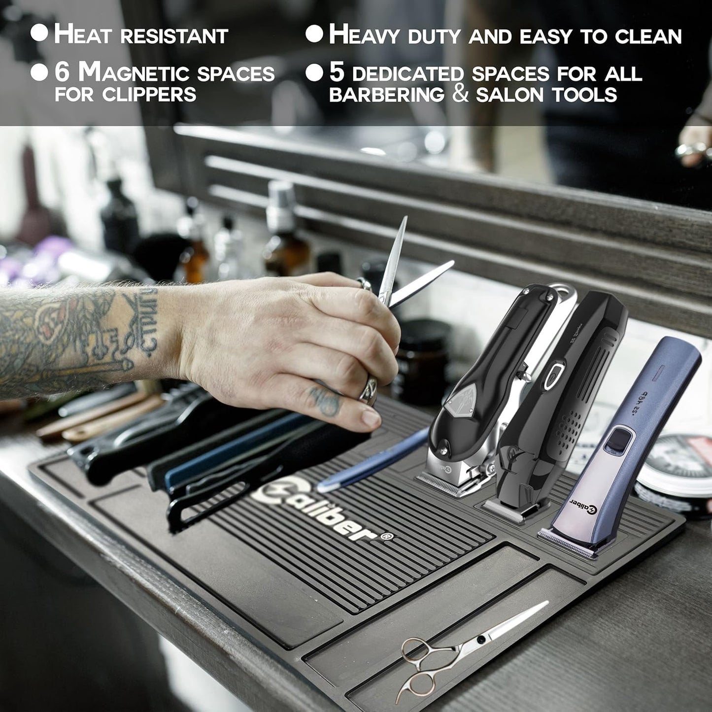 Caliber Pro Magnetic Mat - 6 Magnetic Spaces for Clippers - Non-Slip Heat Resistant Surface - Keeps Barber and Beauty Tools Organized