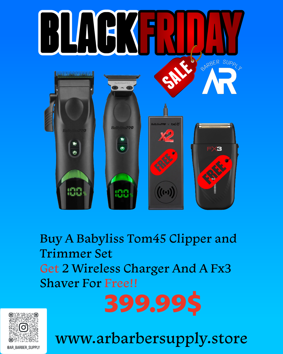 BaBylissPRO Tom45 Clipper & Trimmer Set + 2 FREE Wireless Chargers + FREE FX3 Shaver