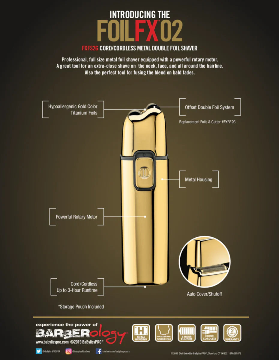 BaBylissPRO® FOILFX02™ Cordless Gold Metal Double Foil Shaver