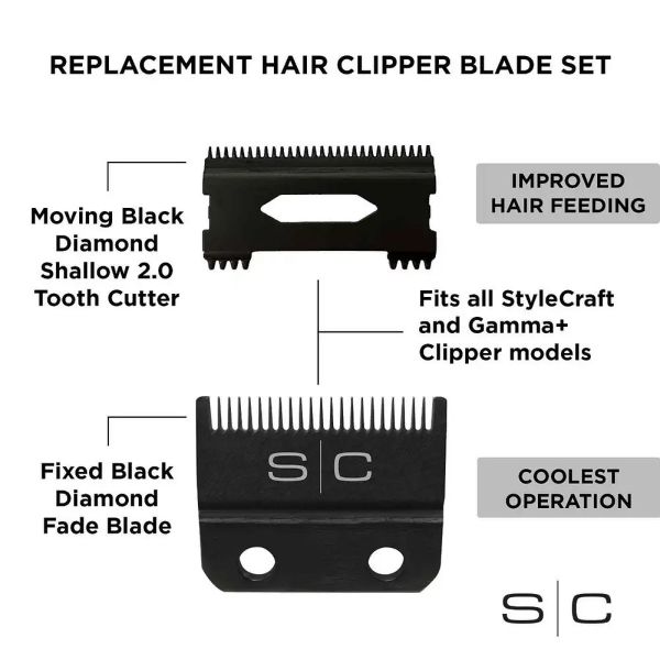 Replacement Double Black Diamond Carbon DLC Fixed Fade Blade with Shallow Tooth Cutter 2.0 Clipper Blade Set