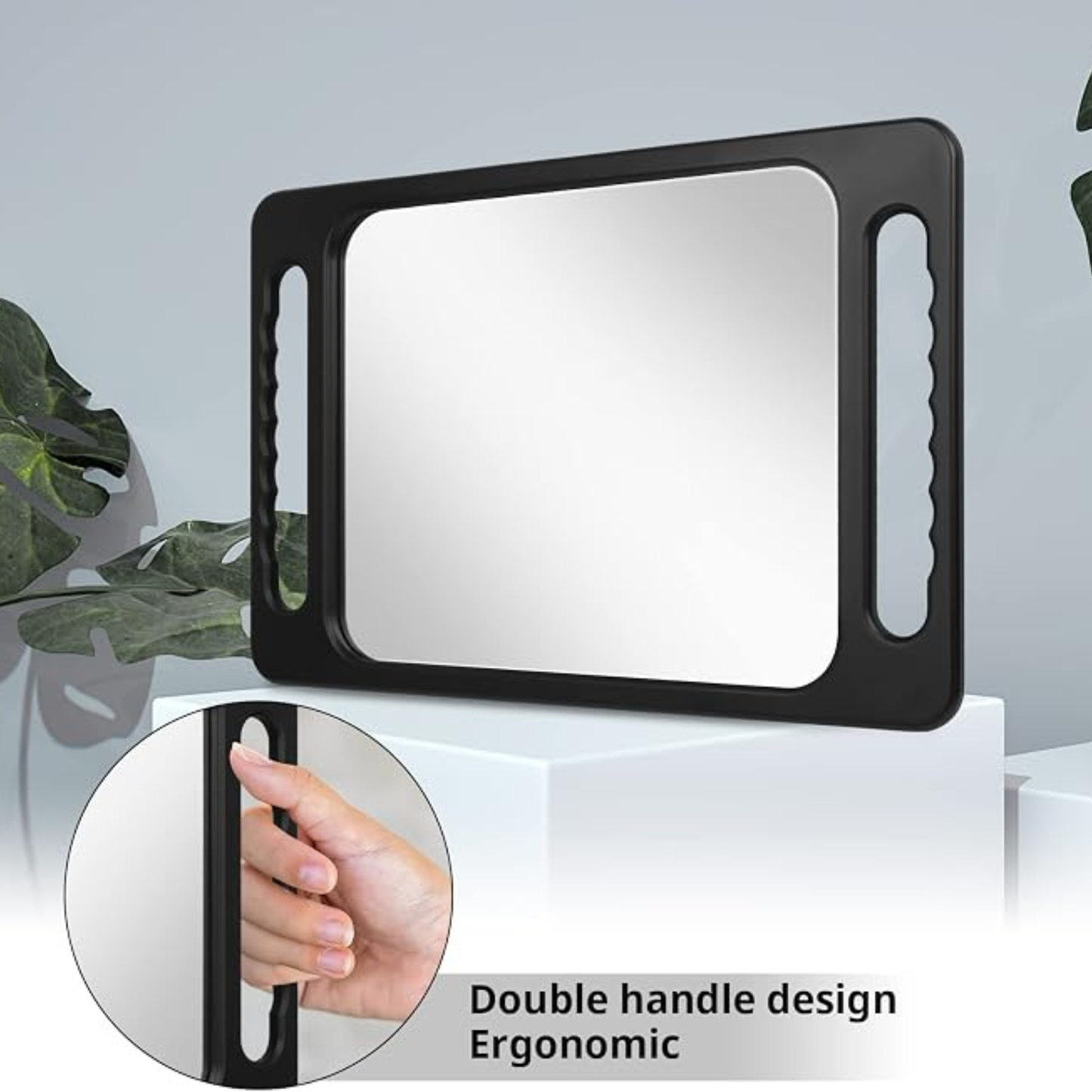 AR Hand Mirror with Hair Cutting, Large Rectangular | 16"x10" Largehand, Ergonomically Designed Handle, Zero-distortion, for Salons and Beauty Salons, (Black)