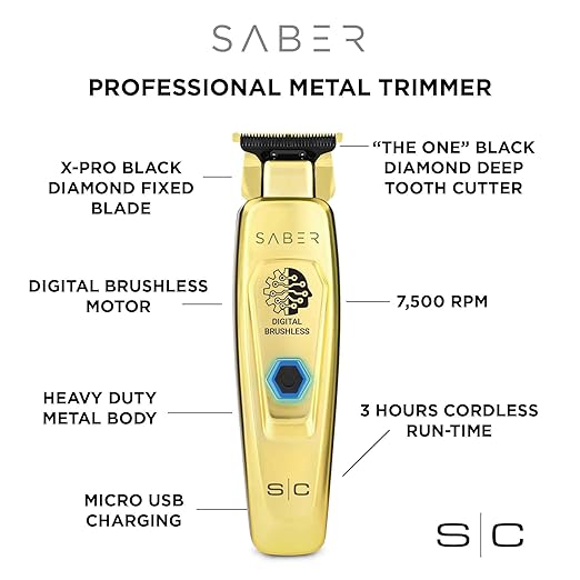 Saber Trimmer - Professional Cordless Hair Trimmer with Full Metal Body and Digital Brushless Motor in Gold