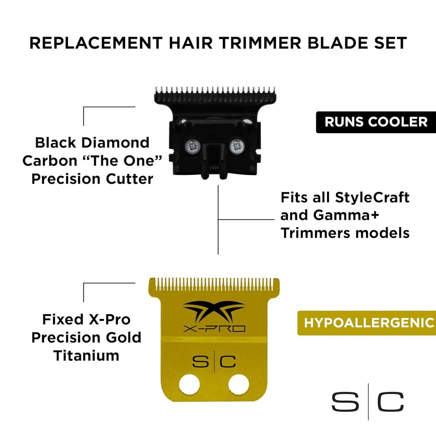 Stylecraft Replacement Fixed X-Pro Precision Gold Titanium Trimmer Blade with Black Diamond Carbon DLC The One Precision Deep Tooth Cutter Set