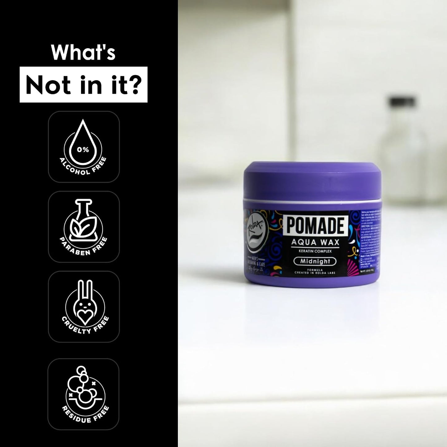 Rolda Midnight Hair Pomade for Men - Water-Based & Flake-Free Men's Hair Products with Medium Hold & Shine - Made with a Strengthening Keratin Complex - Non-Greasy & Residue-Free (5.29 oz)