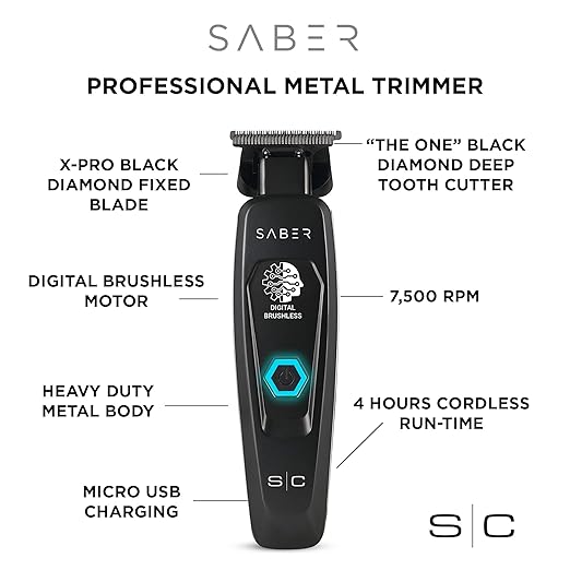 SC Saber Trimmer - Professional Cordless Hair Trimmer with Full Metal Body and Digital Brushless Motor