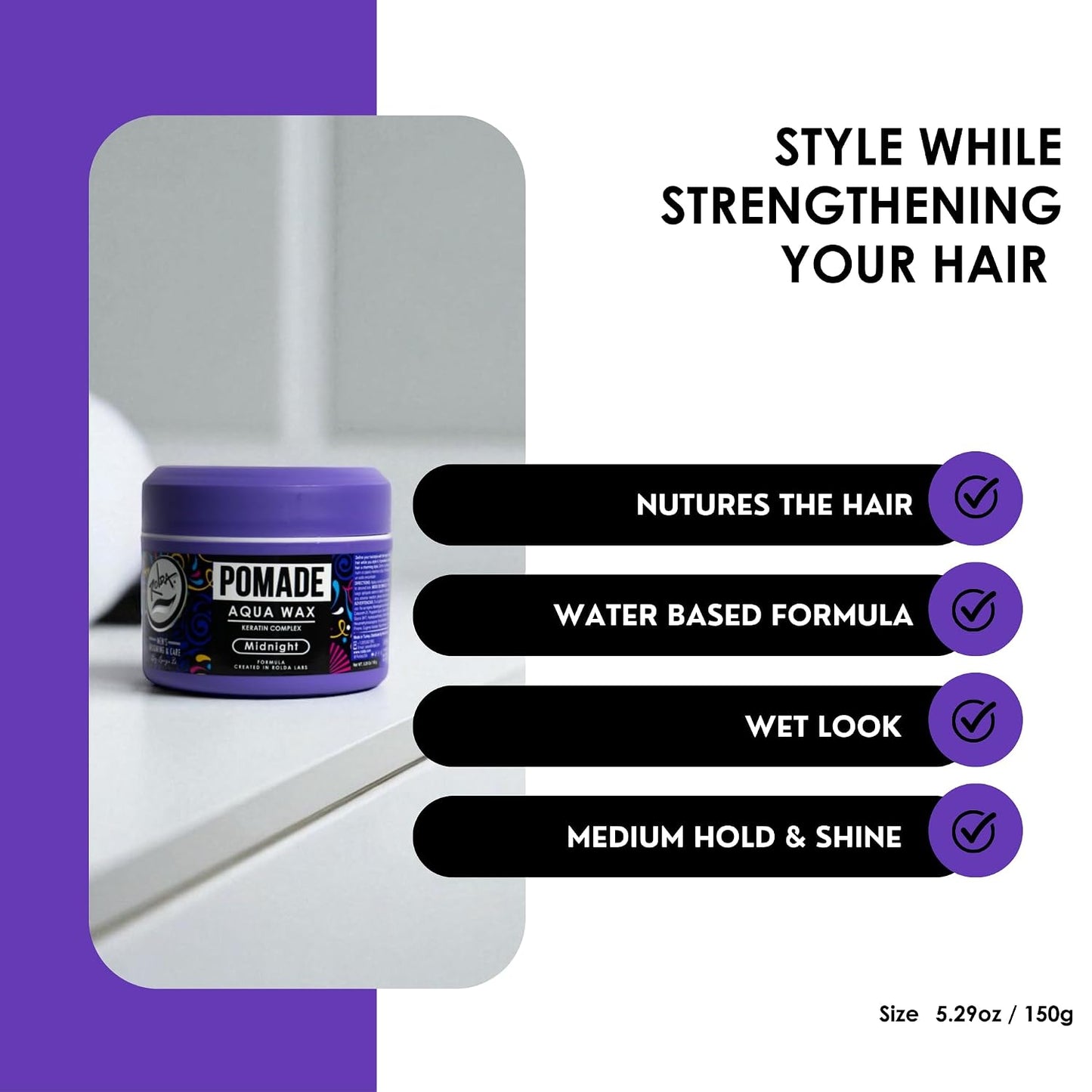 Rolda Midnight Hair Pomade for Men - Water-Based & Flake-Free Men's Hair Products with Medium Hold & Shine - Made with a Strengthening Keratin Complex - Non-Greasy & Residue-Free (5.29 oz)