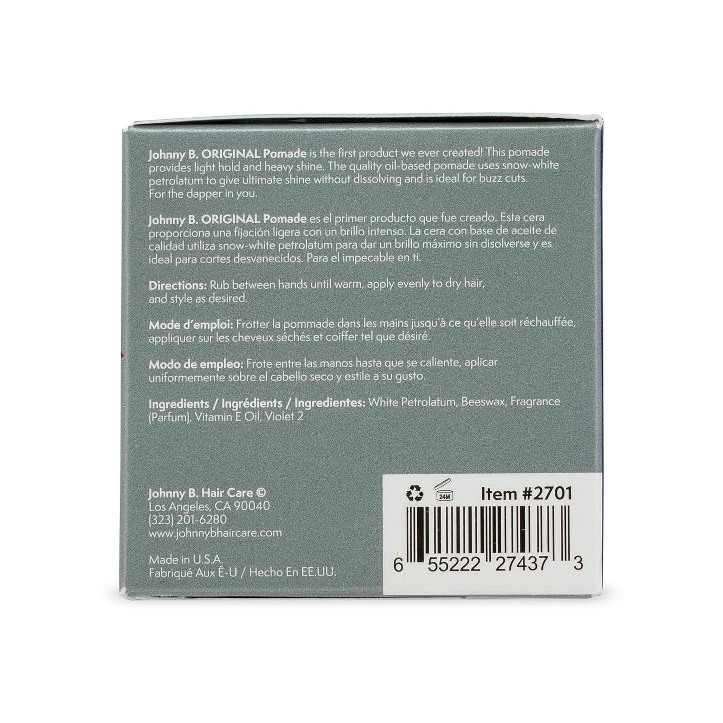 JOHNNY B. Original Oil-Based Professional Pomade for Men, Gluten-Free, 3 oz.