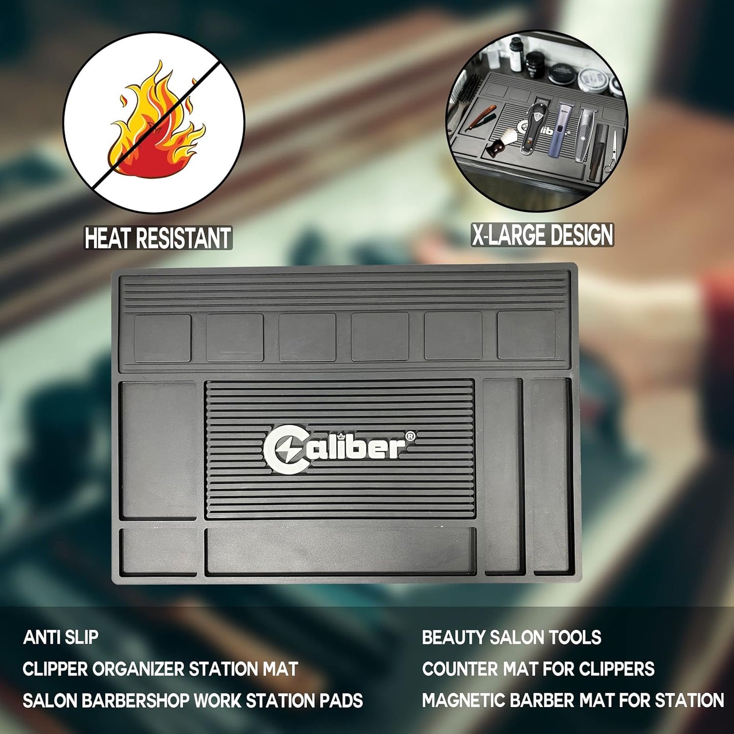 Caliber Pro Magnetic Mat - 6 Magnetic Spaces for Clippers - Non-Slip Heat Resistant Surface - Keeps Barber and Beauty Tools Organized