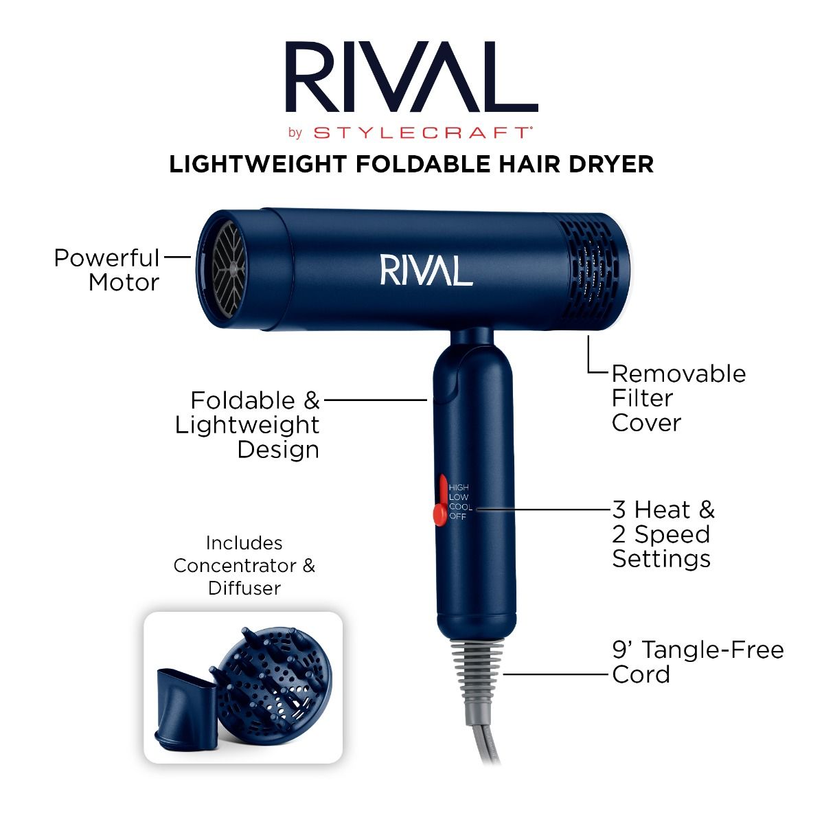 StyleCraft Rival Foldable Lightweight Hair Dryer, 3 Heat / 2 Speed Settings