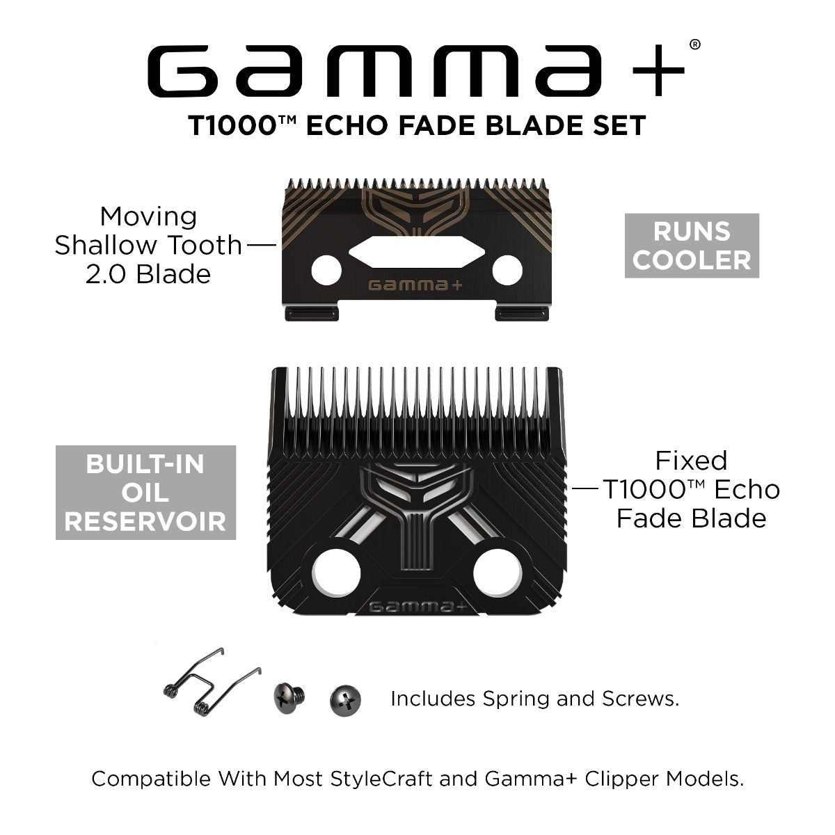 Gamma Echo Blade T1000-Echo Fixed Fade Blade and Shallow 2.0 Clipper Blade Set