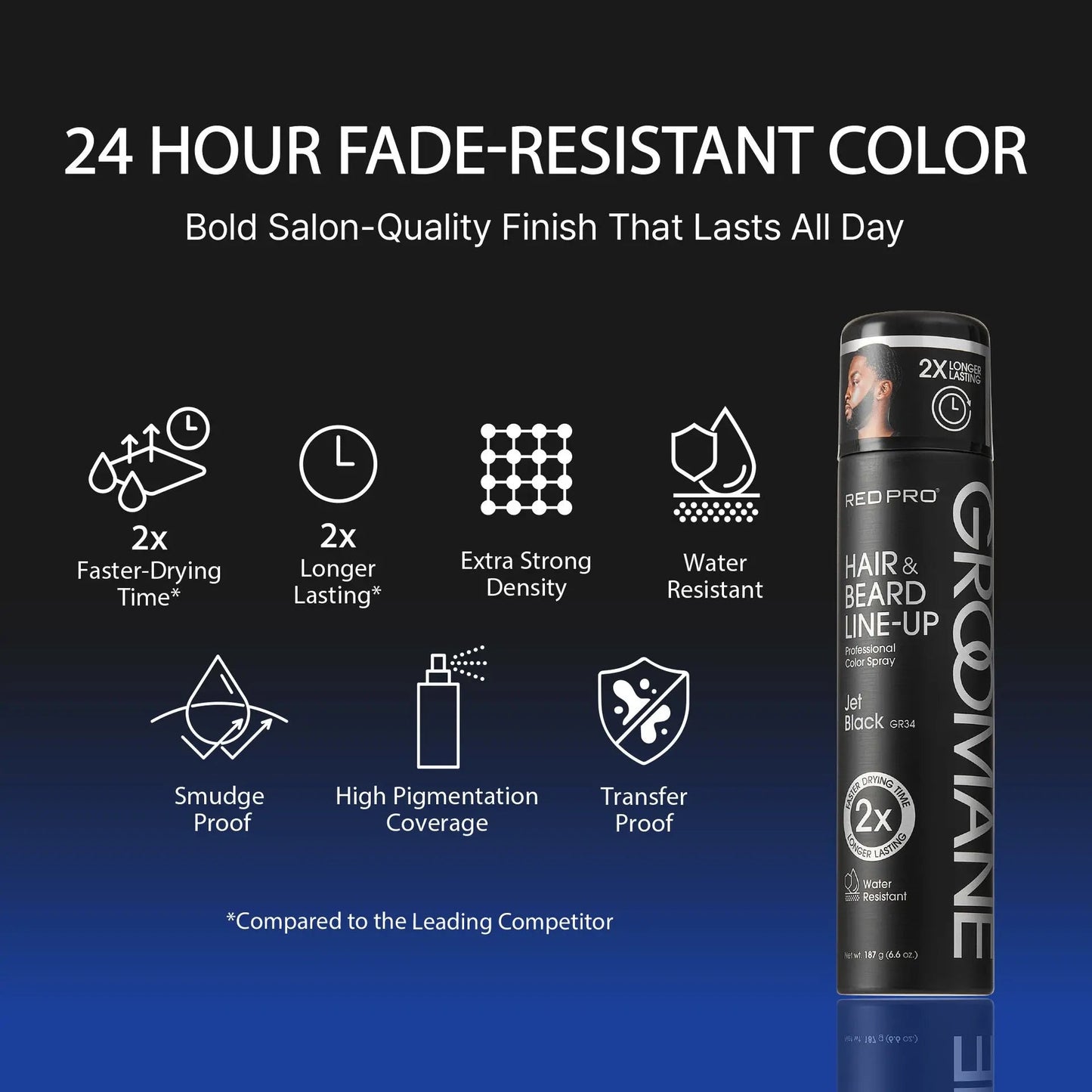 RED Pro GROOMANE Temporary Color Spray for Hair & Beard Line-Up, Barber Grade, Quick-Drying, 2X Longer-Lasting (Up to 20 Washes), Precision Nozzle, No Ammonia, Peroxide (Black, 6.6oz)