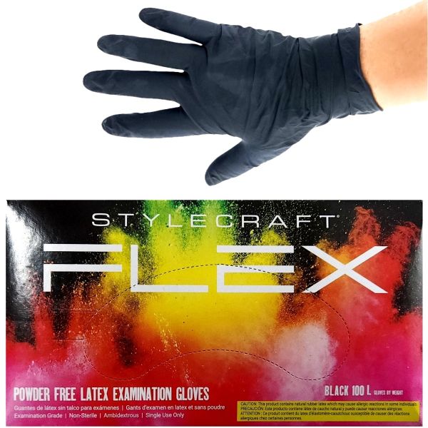 StyleCraft Flex Powder-Free Latex Examination Gloves – Black, 100 Count