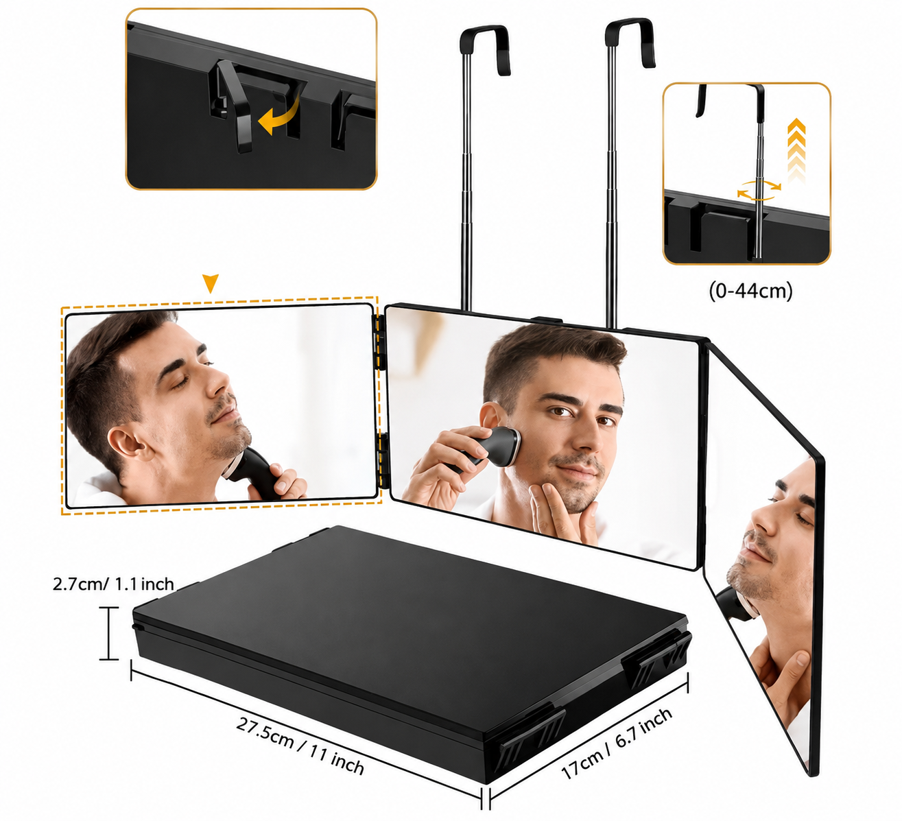 3-Way Back View Mirror for Self Hair Cutting, Adjustable Folding Barber Mirror for Haircut, Shaving, Grooming & Styling, Black
