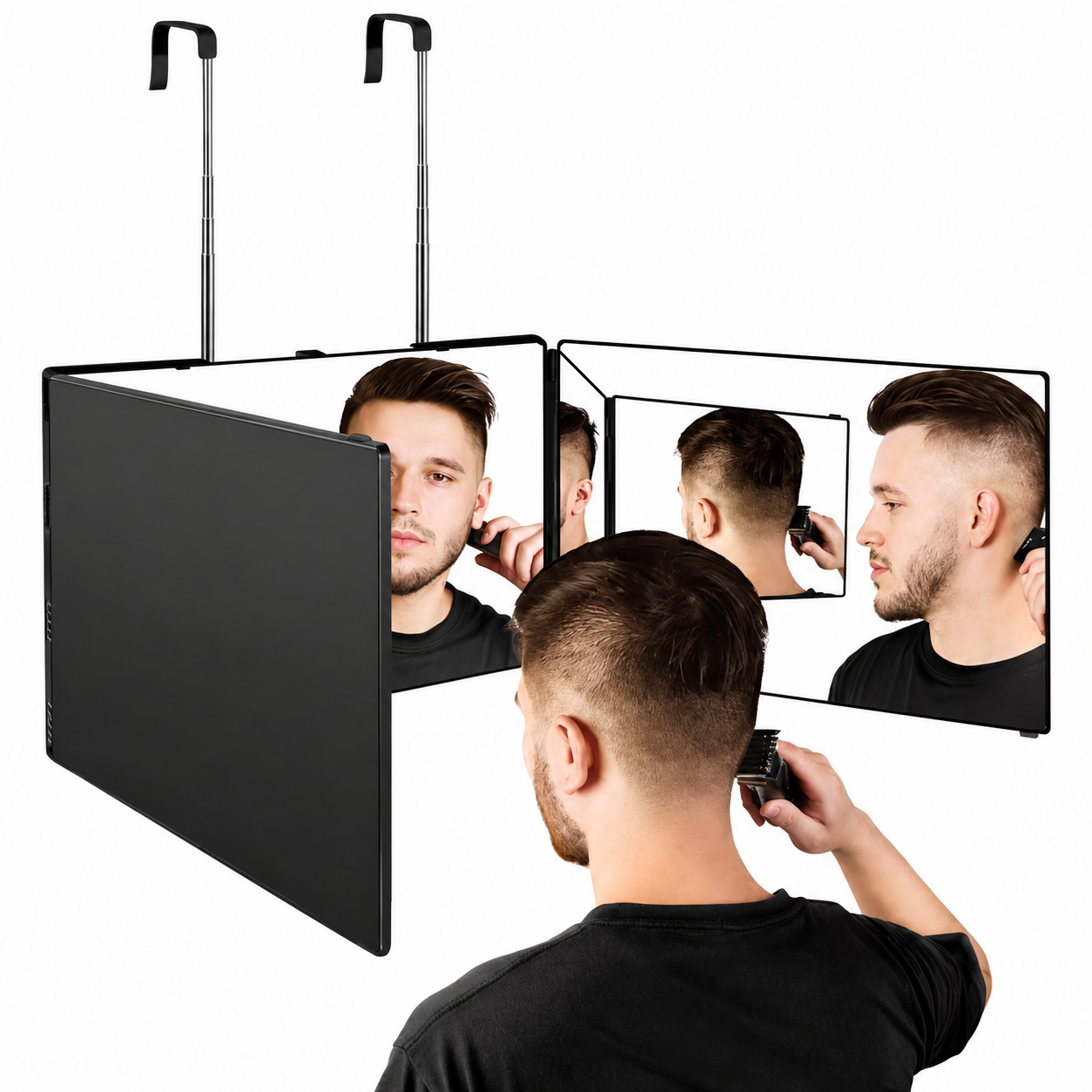 3-Way Back View Mirror for Self Hair Cutting, Adjustable Folding Barber Mirror for Haircut, Shaving, Grooming & Styling, Black
