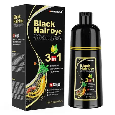 MEIDU Black Hair Dye Shampoo – 3-in-1 Semi-Permanent Hair Color Shampoo for Gray Coverage, 500ml