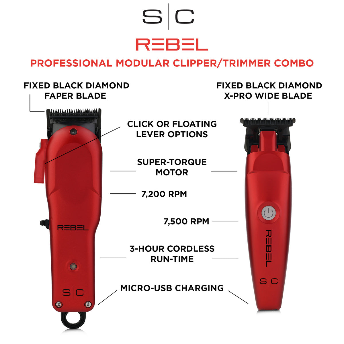 StyleCraft Super-Torque Modular Rebel Clipper & Trimmer Combo Set - Red