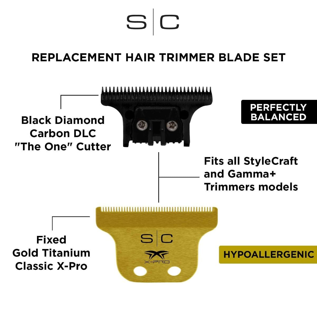 StyleCraft Fixed Gold Titanium Classic X-Pro Trimmer Blade + Black Diamond Carbon DLC The One Cutter Set