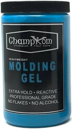 Blue jar of Champom Molding Gel with black lid on a white background